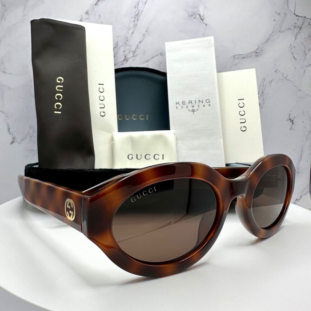 New GUCCI Sunglasses Brown Tortoise Shell Oval Gold GG Logo Womens